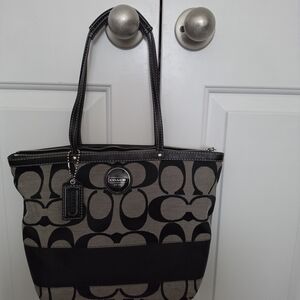 Coach Black & Gray Signature Tote with Leather Trim